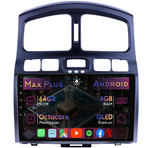 Navigatie dedicata Hyundai Santa Fe 2000-2006, 4GB RAM 64GB ROM, Octacore, Display 9" QLED, Carplay&Android Auto, Android 14, Suport camere AHD