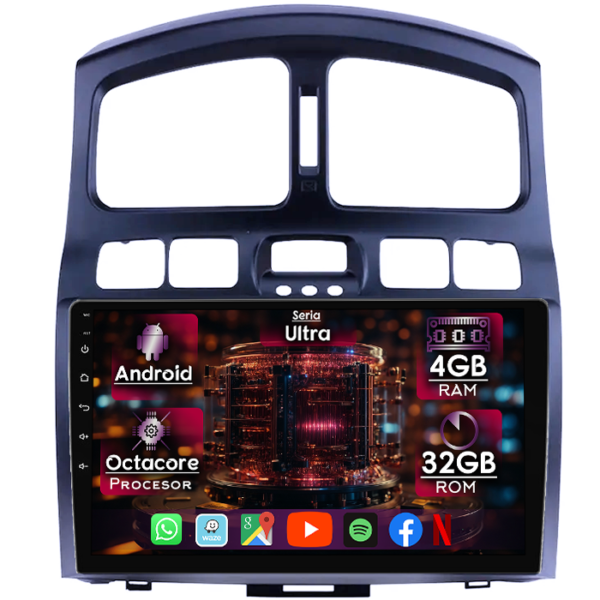 Navigatie dedicata Hyundai Santa Fe 2000-2006, 4GB RAM 32GB ROM, Octacore, Display 9" QLED, Carplay&Android Auto, Android 14, Ventilator Activ
