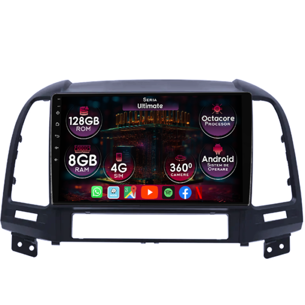 Navigatie dedicata Hyundai Santa Fe 2005-2012, 8GB RAM 128GB ROM, Octacore, Platforma TS18, Display 9" QLED, Carplay&Android Auto, Android 14, Ventilator Activ