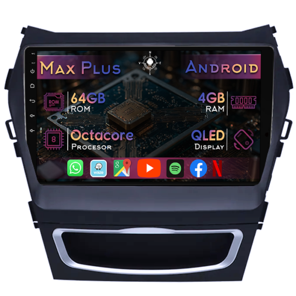 Navigatie dedicata Hyundai Santa Fe 3 IX45 2012-2018,4GB RAM 64GB ROM, Octacore, Display 9" QLED, Carplay&Android Auto, Android 14, Suport camere AHD