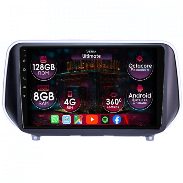 Navigatie dedicata Hyundai Santa Fe 4 2018+, 8GB RAM 128GB ROM, Octacore, Platforma TS18, Display 9" QLED, Carplay&Android Auto, Android 14, Ventilator Activ