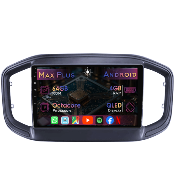 Navigatie dedicata Fiat Strada 2020-2021, 4GB RAM 64GB ROM, Octacore, Display 9" QLED, Carplay&Android Auto, Android 14, Suport camere AHD