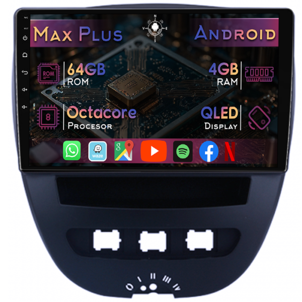 Navigatie dedicata Citroen C1 2005-2014, 4GB RAM 64GB ROM, Octacore, Display 10" QLED, Carplay&Android Auto, Android 14, Suport camere AHD