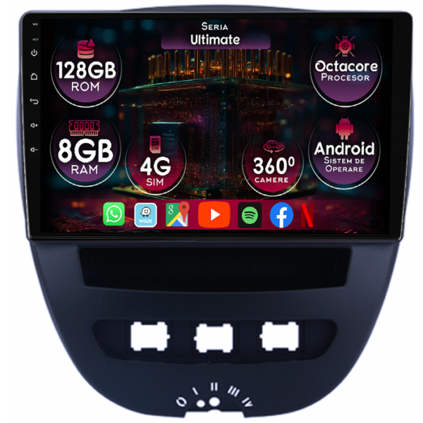 Navigatie dedicata Citroen C1 2005-2014, 8GB RAM 128GB ROM, Octacore, Platforma TS18, Display 10" QLED, Carplay&Android Auto, Android 14, Ventilator Activ