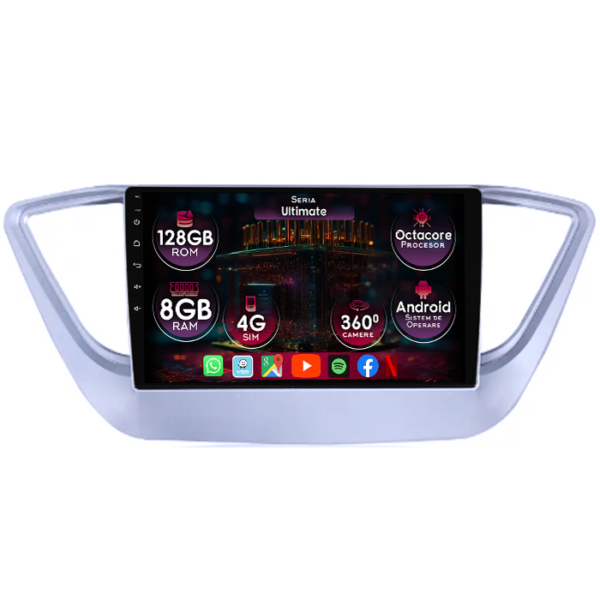 Navigatie dedicata Hyundai Verna 2017-2018, 8GB RAM 128GB ROM, Octacore, Platforma TS18, Display 9" QLED, Carplay&Android Auto, Android 14, Ventilator Activ