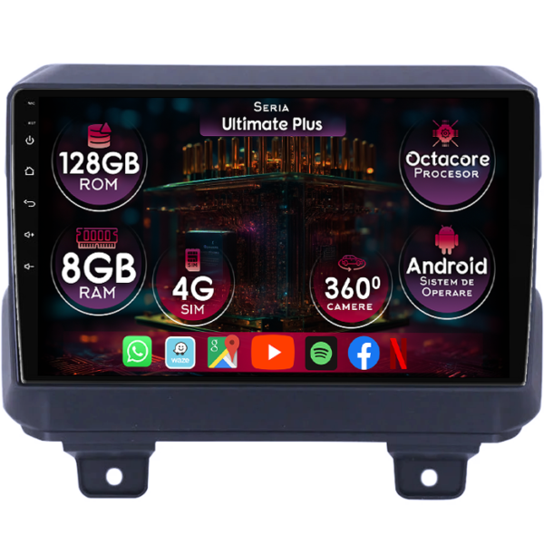 Navigatie dedicata Jeep Wrangler 2018-2019, 8GB RAM 128GB ROM, Octacore, Platforma 7862, Display 9" QLED 2K, Carplay&Android Auto, Android 14, Ventilator Activ