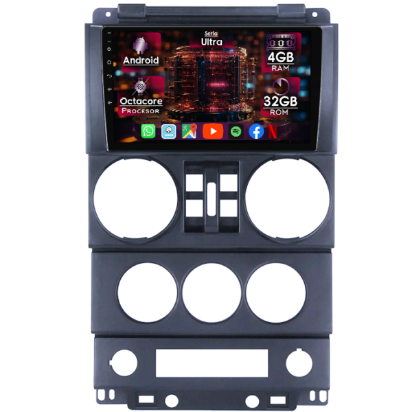 Navigatie dedicata Jeep Wrangler Rubicon 2008-2010, 4GB RAM 32GB ROM, Octacore, Display 9" QLED, Carplay, Android 13, Bluetooth, Magazin Play, Ventilator Activ