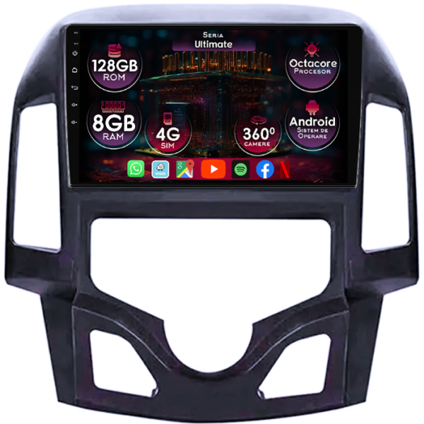 Navigatie dedicata Hyundai i30 2007-2012, clima automata, 8GB RAM 128GB ROM, Octacore, Platforma TS18, Display 9" QLED, Carplay&Android Auto, Android 14, Ventilator Activ