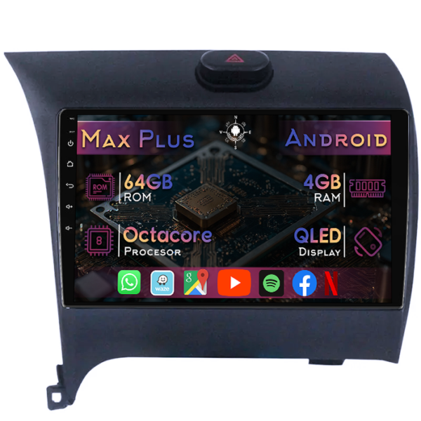 Navigatie dedicata Kia Cerato 2013-2017, 4GB RAM 64GB ROM, Octacore, Display 9" QLED, Carplay&Android Auto, Android 14, Suport camere AHD