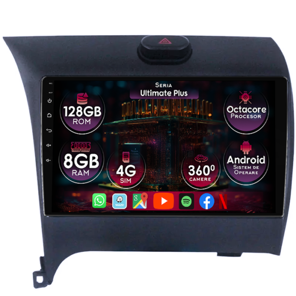 Navigatie dedicata Kia Cerato 2013-2017, 8GB RAM 128GB ROM, Octacore, Platforma 7862, Display 9" QLED 2K, Carplay&Android Auto, Android 14, Ventilator Activ