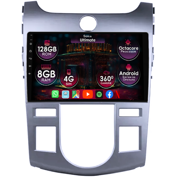 Navigatie dedicata Kia Forte Cerato 2008-2013, 8GB RAM 128GB ROM, Octacore, Platforma TS18, Display 9" QLED, Carplay&Android Auto, Android 14, Ventilator Activ