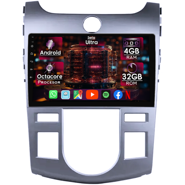 Navigatie dedicata Kia Forte Cerato 2008-2013, 4GB RAM 32GB ROM, Octacore, Display 9" QLED, Carplay&Android Auto, Android 14, Ventilator Activ