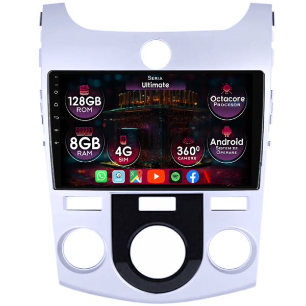 Navigatie dedicata Kia Forte Cerato 2008-2013, 8GB RAM 128GB ROM, Octacore, Platforma TS18, Display 9" QLED, Carplay&Android Auto, Android 14, Ventilator Activ
