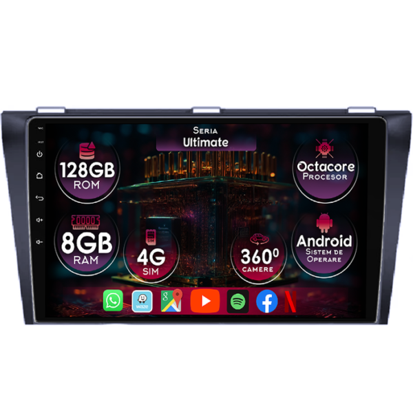 Navigatie dedicata Mazda 3 2004-2009, 8GB RAM 128GB ROM, Octacore, Platforma TS18, Display 9" QLED, Carplay&Android Auto, Android 14, Ventilator Activ