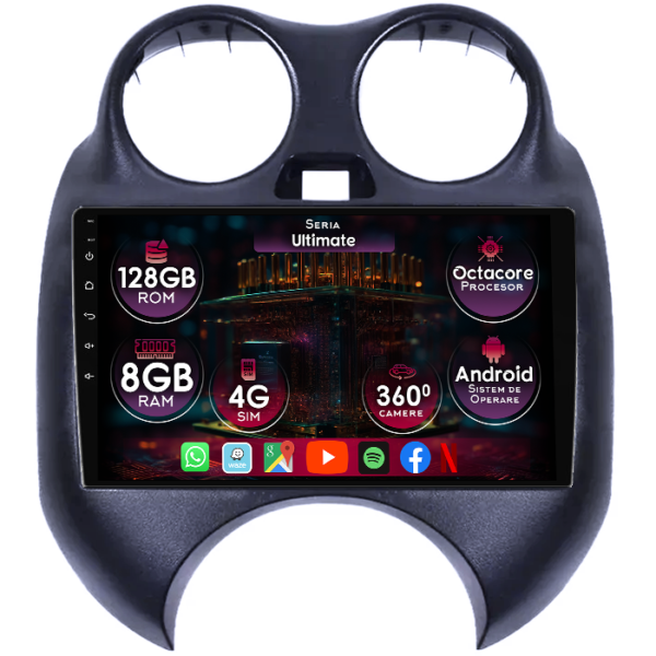 Navigatie dedicata Nissan March 2010-2013, 8GB RAM 128GB ROM, Octacore, Platforma TS18, Display 9" QLED, Carplay&Android Auto, Android 14, Ventilator Activ