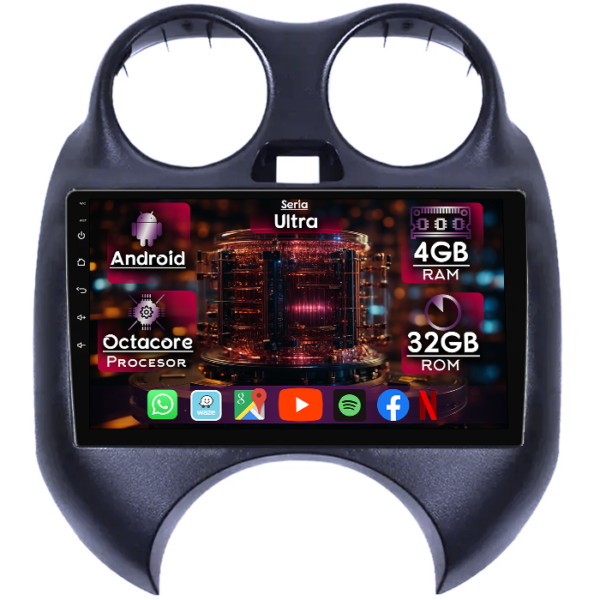 Navigatie dedicata Nissan March 2010-2013, 4GB RAM 32GB ROM, Octacore, Display 9" QLED, Carplay&Android Auto, Android 14, Ventilator Activ