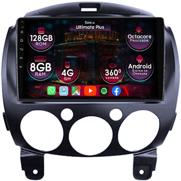 Navigatie dedicata Mazda 2 2007-2014, 8GB RAM 128GB ROM, Octacore, Platforma 7862, Display 9" QLED, Carplay&Android Auto, Android 14, Ventilator Activ
