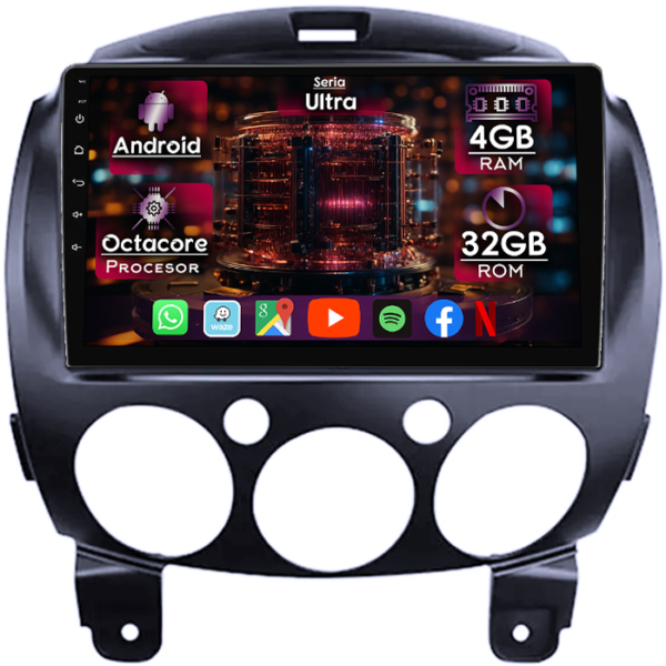 Navigatie dedicata Mazda 2 2007-2014, 4GB RAM 32GB ROM, Octacore, Display 9" QLED, Carplay&Android Auto, Android 14, Ventilator Activ