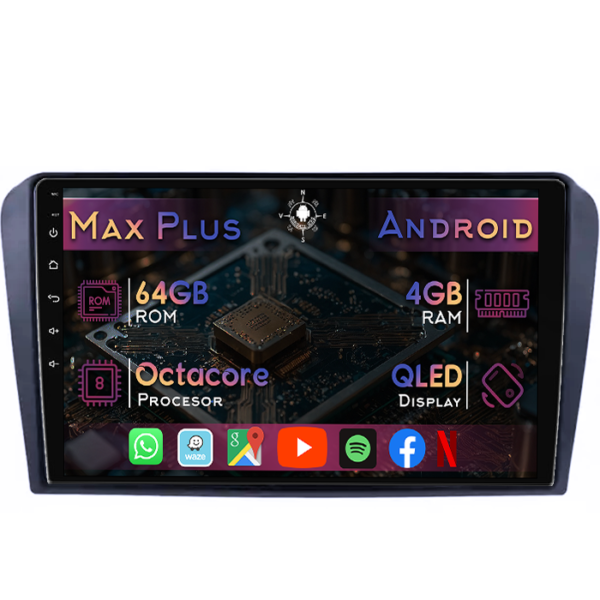 Navigatie dedicata Mazda 3 2004-2009/Axela, 4GB RAM 64GB ROM, Octacore, Display 9" QLED, Carplay&Android Auto, Android 14, Suport camere AHD