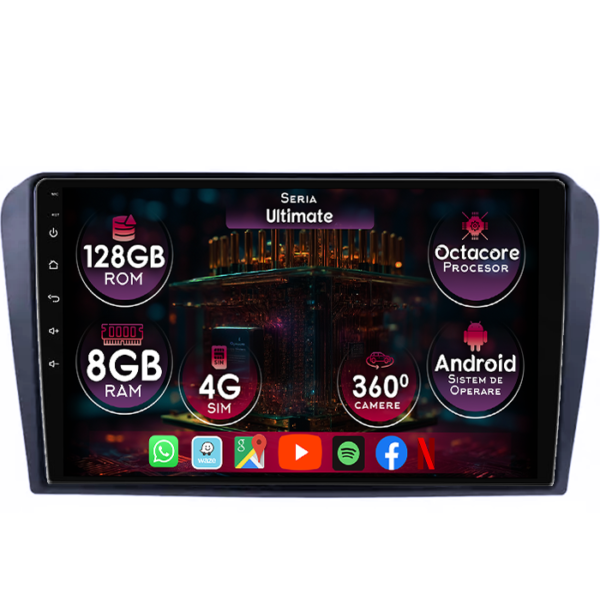 Navigatie dedicata Mazda 3 2004-2009/Axela, 8GB RAM 128GB ROM, Octacore, Platforma TS18, Display 9" QLED, Carplay&Android Auto, Android 14, Ventilator Activ
