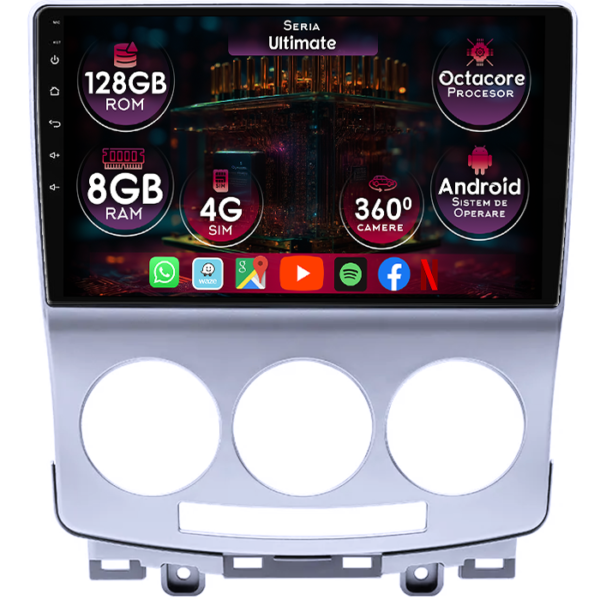 Navigatie dedicata Mazda 5 2005-2010, 8GB RAM 128GB ROM, Octacore, Platforma TS18, Display 9" QLED, Carplay&Android Auto, Android 14, Ventilator Activ