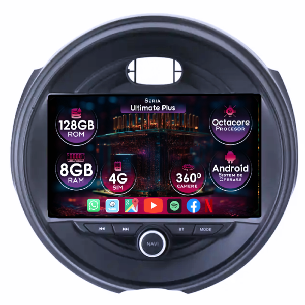 Navigatie dedicata Mini Cooper 2015-2019, 8GB RAM 128GB ROM, Octacore, Platforma 7862, Display 9" QLED, Carplay&Android Auto, Android 14, Ventilator Activ