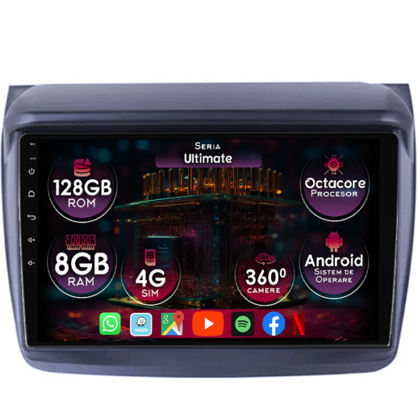 Navigatie dedicata Mitsubishi L200 2005-2016, 8GB RAM 128GB ROM, Octacore, Platforma TS18, Display 9" QLED, Carplay&Android Auto, Android 14, Ventilator Activ