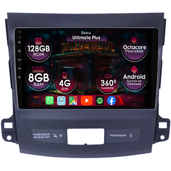 Navigatie dedicata Mitsubishi Outlander 2006-2012, 8GB RAM 128GB ROM, Octacore, Platforma 7862, Display 9" QLED, Carplay&Android Auto, Android 14, Ventilator Activ