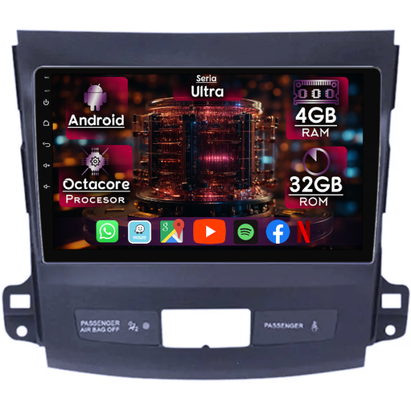 Navigatie dedicata Mitsubishi Outlander 2006-2012, 4GB RAM 32GB ROM, Octacore, Display 9" QLED, Carplay&Android Auto, Android 14, Ventilator Activ