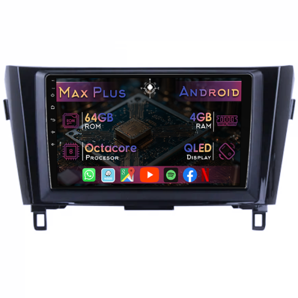 Navigatie dedicata Nissan Qashqai 2014-2021, 4GB RAM 64GB ROM, Octacore, Display 10" QLED, Carplay&Android Auto, Android 14, Suport camere AHD