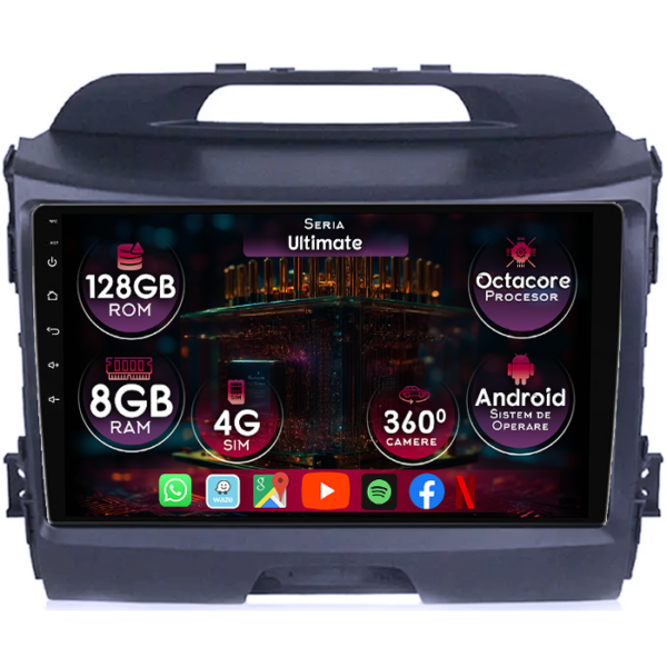 Navigatie dedicata Kia Sportage 2010-2016, 8GB RAM 128GB ROM, Octacore, Platforma TS18, Display 9" QLED, Carplay&Android Auto, Android 14, Ventilator Activ