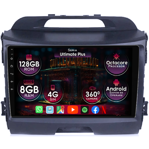 Navigatie dedicata Kia Sportage 2010-2016, 8GB RAM 128GB ROM, Octacore, Platforma 7862, Display 9" QLED, Carplay&Android Auto, Android 14, Ventilator Activ