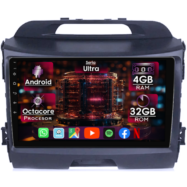 Navigatie dedicata Kia Sportage 2010-2016, 4GB RAM 32GB ROM, Octacore, Display 9" QLED, Carplay&Android Auto, Android 14, Ventilator Activ