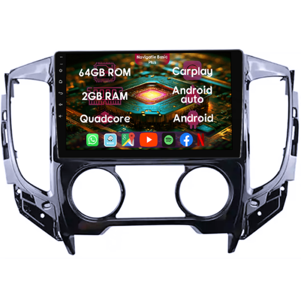 Navigatie dedicata Mitsubishi Triton 2015, 2GB RAM 64GB ROM, Quad Core, Display 9" IPS Full HD, Carplay&Android Auto, Android 14, Suport camere AHD
