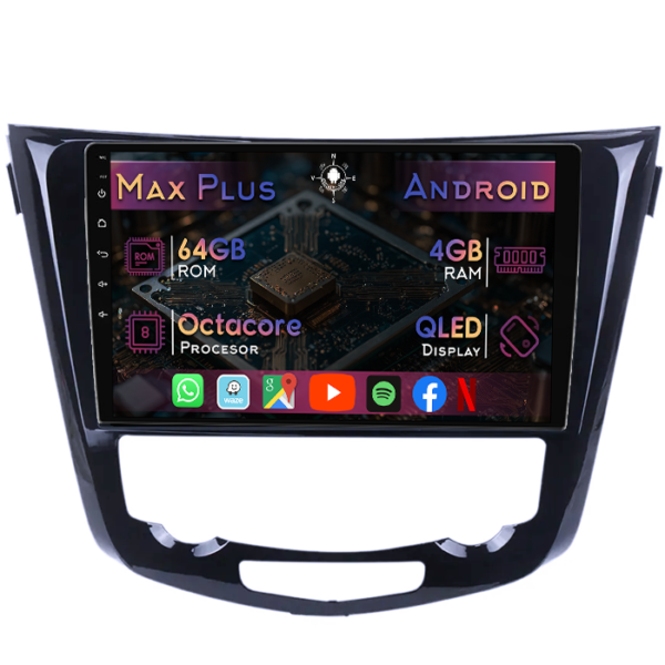Navigatie dedicata Nissan Qashqai 2013+, 4GB RAM 64GB ROM, Octacore, Display 9" QLED, Carplay&Android Auto, Android 14, Suport camere AHD