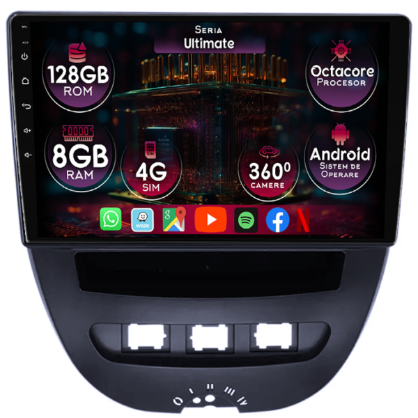 Navigatie dedicata Peugeot 107 2005-2014, 8GB RAM 128GB ROM, Octacore, Platforma TS18, Display 10" QLED, Carplay&Android Auto, Android 14, Ventilator Activ