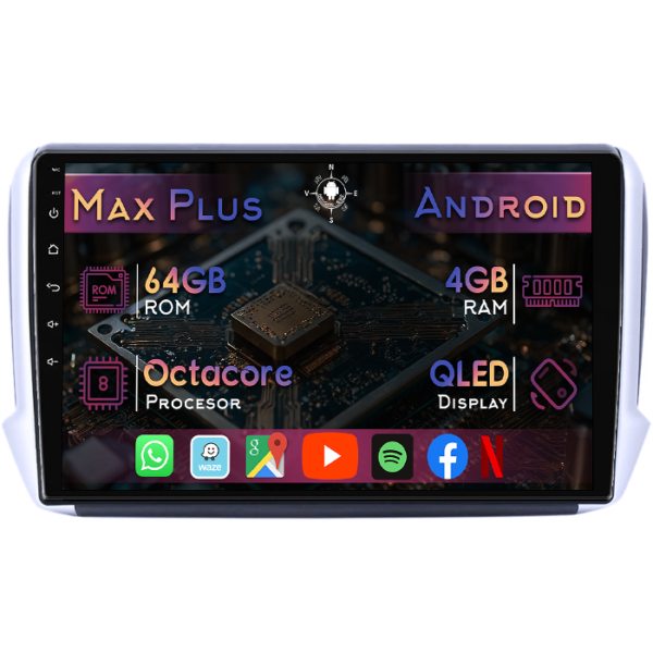 Navigatie dedicata Peugeot 2008 2013-2019, 4GB RAM 64GB ROM, Octacore, Display 10" QLED, Carplay&Android Auto, Android 14, Suport camere AHD