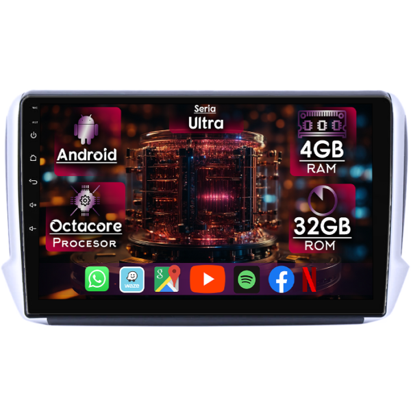 Navigatie dedicata Peugeot 208 2012-2019, 4GB RAM 32GB ROM, Octacore, Display 10" QLED, Carplay&Android Auto, Android 14, Ventilator Activ