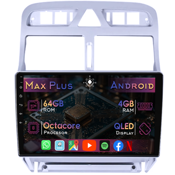 Navigatie dedicata Peugeot 307 2000-2013, 4GB RAM 64GB ROM, Octacore, Display 9" QLED, Carplay&Android Auto, Android 14, Suport camere AHD