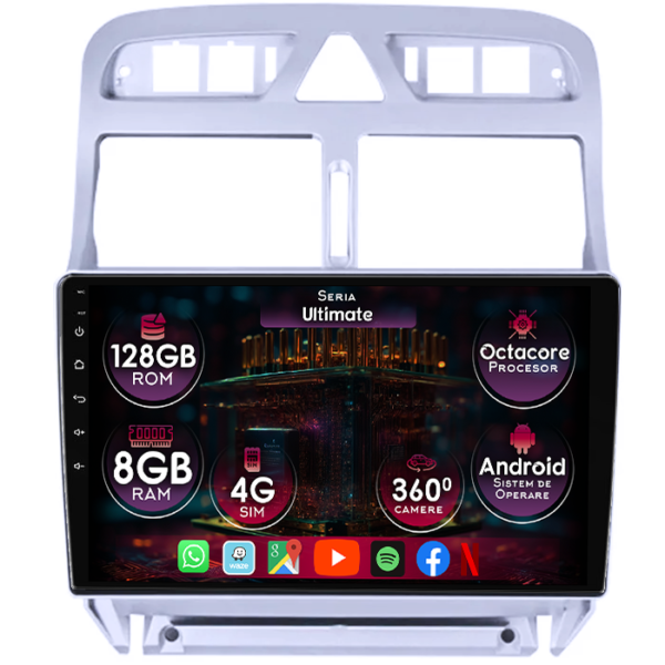 Navigatie dedicata Peugeot 307 2000-2013, 8GB RAM 128GB ROM, Octacore, Platforma TS18, Display 9" QLED, Carplay&Android Auto, Android 14, Ventilator Activ