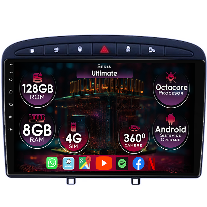 Navigatie dedicata Peugeot 308 2007-2013, Black, 8GB RAM 128GB ROM, Octacore, Platforma TS18, Display 9" QLED, Carplay&Android Auto, Android 14, Ventilator Activ - imagine 1