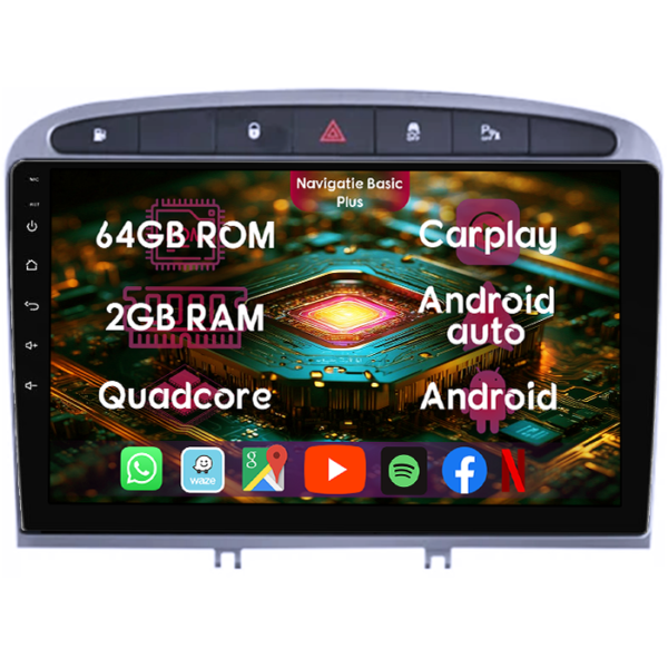Navigatie dedicata Peugeot 308 2007-2013, Gri, 2GB RAM 64GB ROM, Quad Core, Display 9" IPS Full HD, Carplay&Android Auto, Android 14, Suport camere AHD