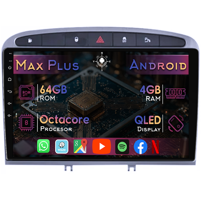 Navigatie dedicata Peugeot 308 2007-2013, Gri, 4GB RAM 64GB ROM, Octacore, Display 9" QLED, Carplay&Android Auto, Android 14, Suport camere AHD - imagine 1