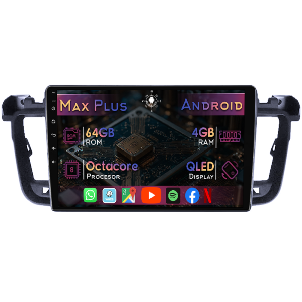 Navigatie dedicata Peugeot 508 2010-2018, 4GB RAM 64GB ROM, Octacore, Display 9" QLED, Carplay&Android Auto, Android 14, Suport camere AHD