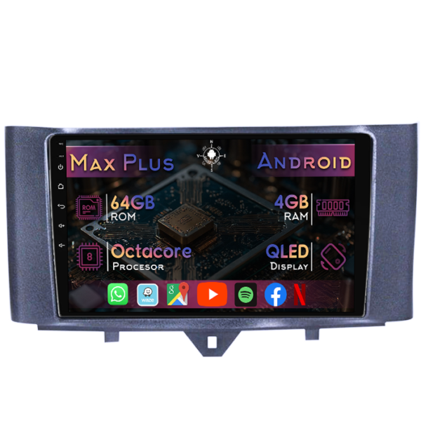 Navigatie dedicata Smart Fortwo 2011-2014, 4GB RAM 64GB ROM, Octacore, Display 9" QLED, Carplay&Android Auto, Android 14, Suport camere AHD