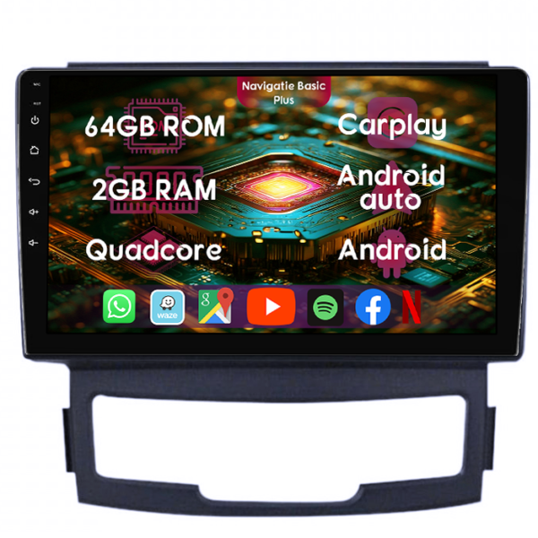 Navigatie dedicata Ssangyong Korando 2010-2013, 2GB RAM 64GB ROM, Quad Core, Display 9" IPS Full HD, Carplay&Android Auto, Android 14, Suport camere AHD