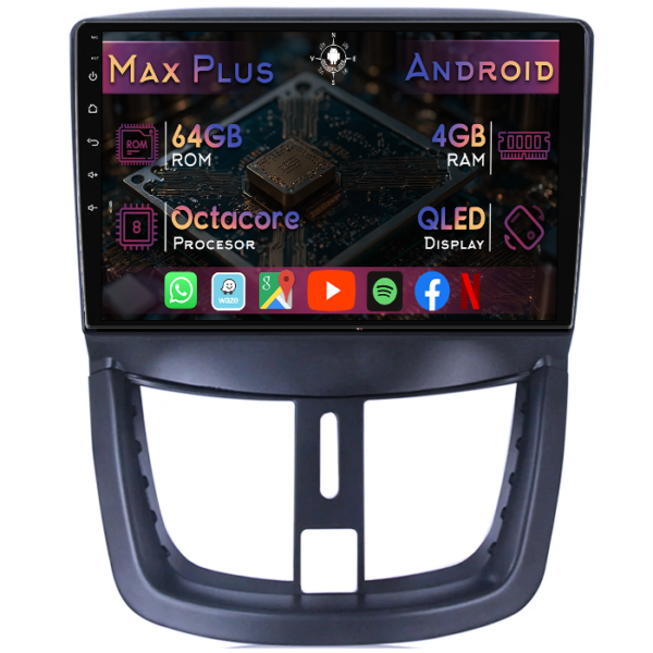 Navigatie dedicata Peugeot 207 2006-2015, 4GB RAM 64GB ROM, Octacore, Display 9" QLED, Carplay&Android Auto, Android 14, Suport camere AHD