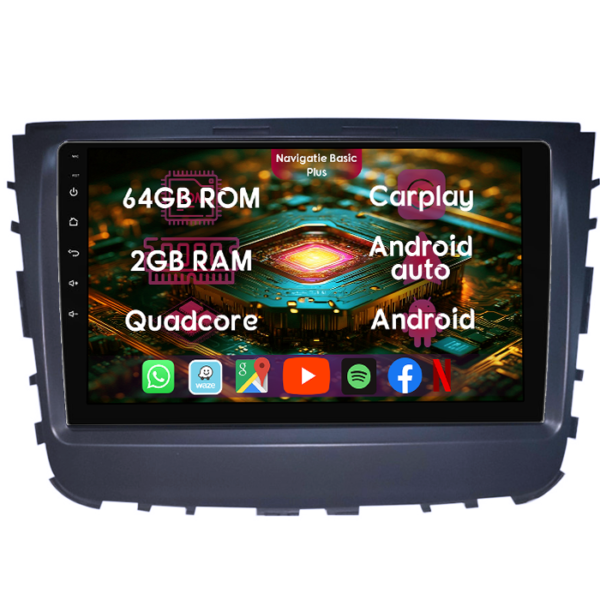 Navigatie dedicata SsangYong Musso, 2GB RAM 64GB ROM, Quad Core, Display 9" IPS Full HD, Carplay&Android Auto, Android 14, Suport camere AHD