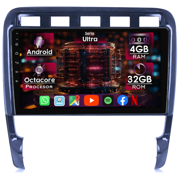 Navigatie dedicata Porsche Cayenne 2002-2010, 4GB RAM 32GB ROM, Octacore, Display 9" QLED, Carplay&Android Auto, Android 14, Ventilator Activ