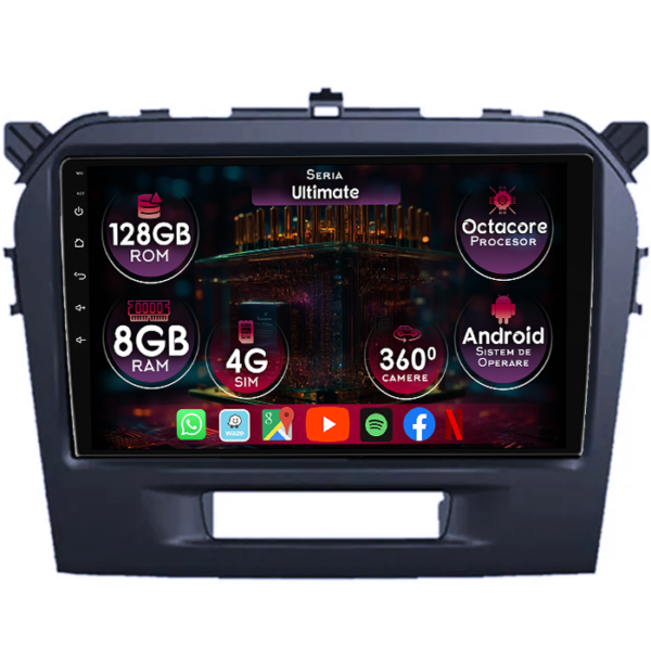Navigatie dedicata Suzuki Vitara 2015+, 8GB RAM 128GB ROM, Octacore, Platforma TS18, Display 9" QLED, Carplay&Android Auto, Android 14, Ventilator Activ